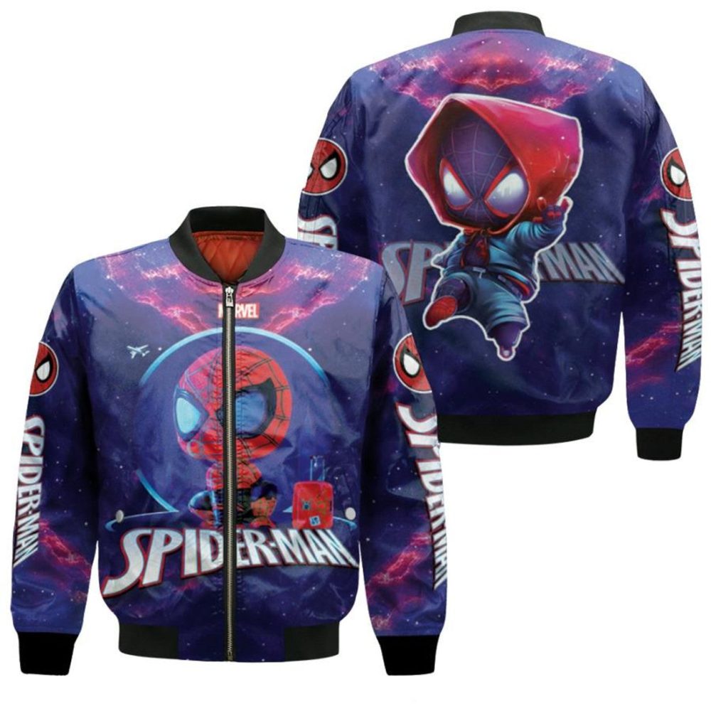 Spiderman Bomber Jacket Chibi Spiderman Graphic Galaxy Bomber Blue Red Unisex Jacket Jacket