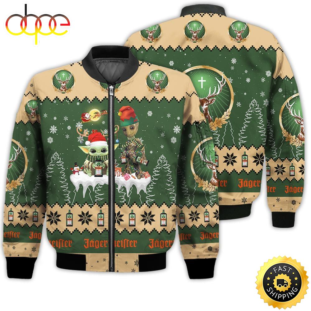 Baby Yoda Groot Santa Claus Deer Unisex Gift Jagermeister Whiskey 3D Bomber Jacket