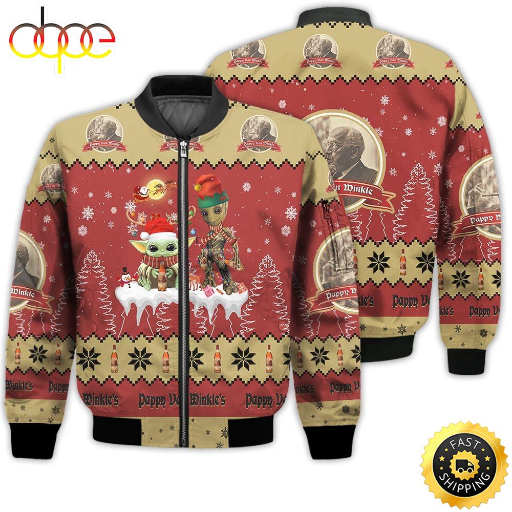 Baby Yoda Groot Santa Claus Deer Unisex Gift Pappy Van Winkle Whiskey 3D Bomber Jacket