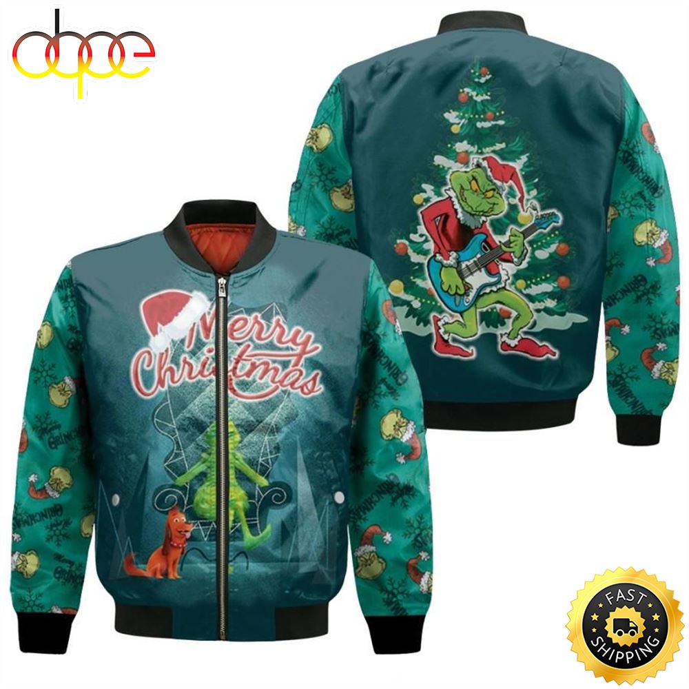 Grinch Christmas Merry Christmas King Playing Guitar Christmas Tree 3D Designed Allover Gift For Grinch Fans Christmas Fans Bomber Jacket