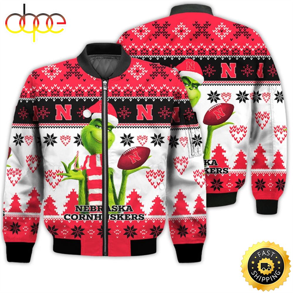 Merry Christmas 2023 Ugly Unisex National Collegiate Athletic Association American Grinch Cute Cornhuskers 3D Bomber Jacket