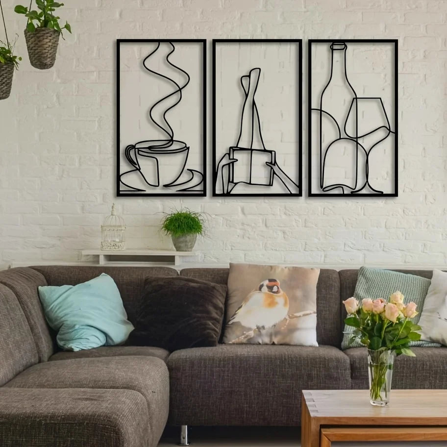 Set Of 3 Minimalist Bookish Metal Wall Art, 22.61cm*39.88cm, Book Lover Line Art Metal Decor, Coffee Lover Minimalist Wall Art