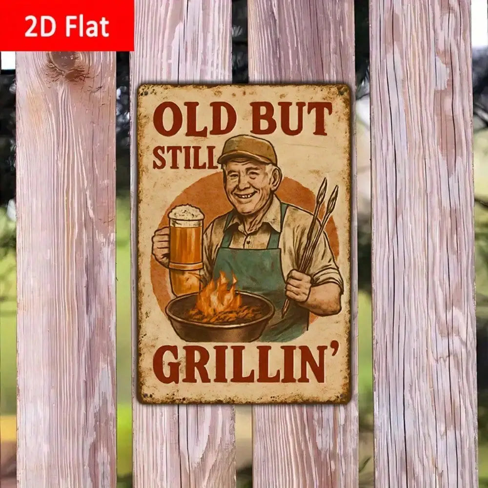 1PC Tin Sign BBQ Senior Theme - Retirement Gifts/Living Outdoor Areas, Vintage Retro Style, 8x12 Inches/20x30cm
