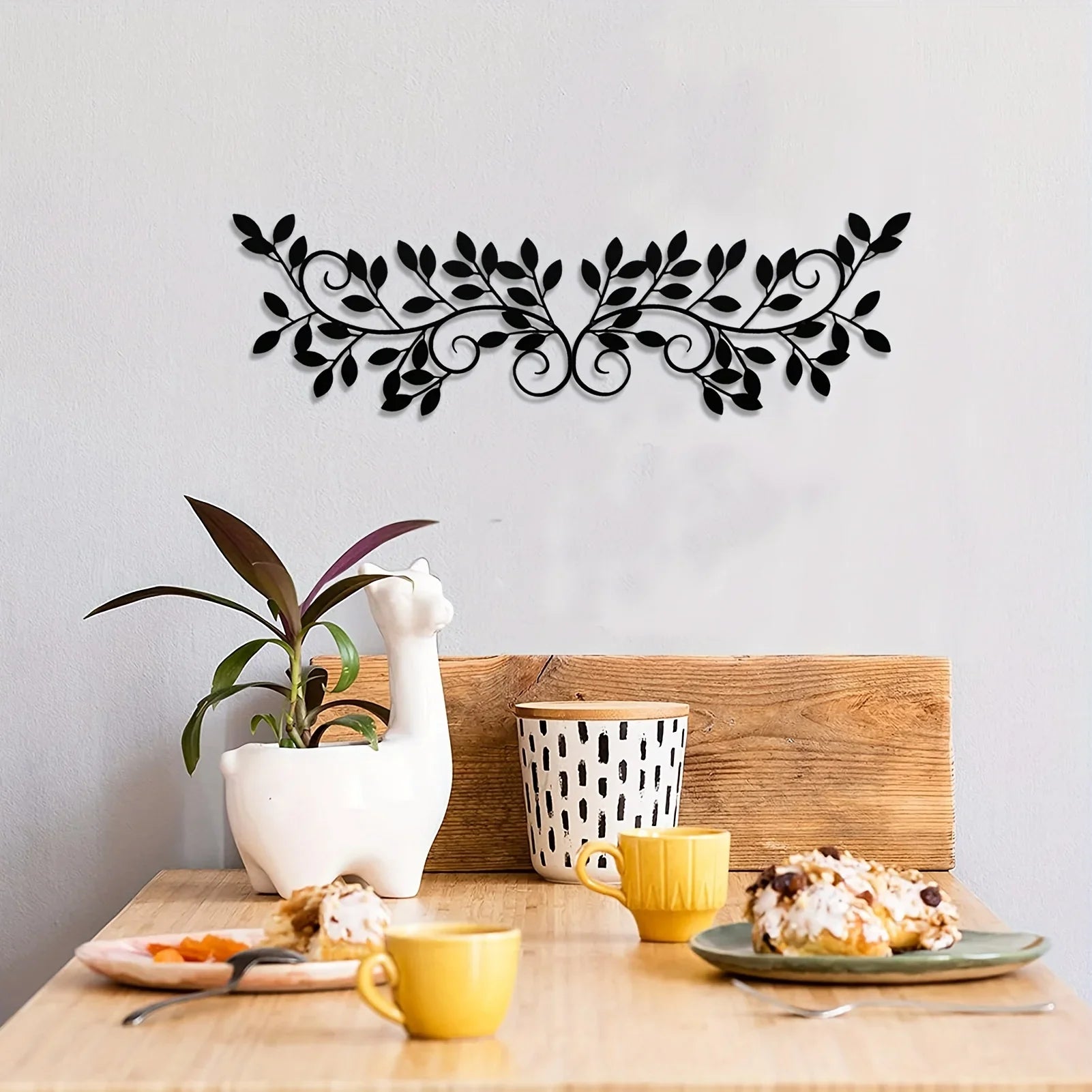 2 Pieces Wall Art Ornament Wall Hanging Sign, Metal Tree Leaf Wall Decor Black Vine Olive Branch Leaf Kids Room Kindergarten