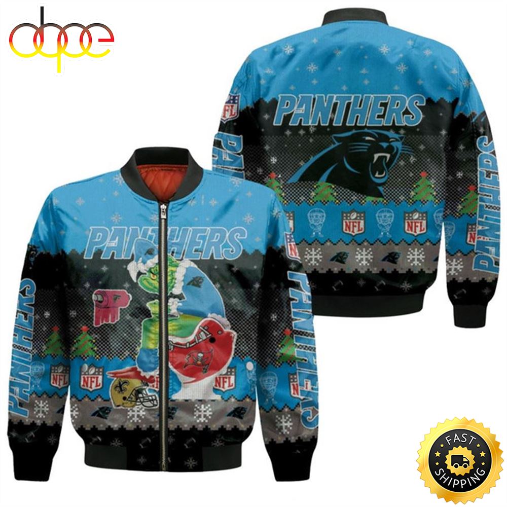 Santa Grinch Carolina Panthers Sitting on Buccaneers Falcons Saints Toilet Christmas Gift For Panthers Fans Bomber Jacket
