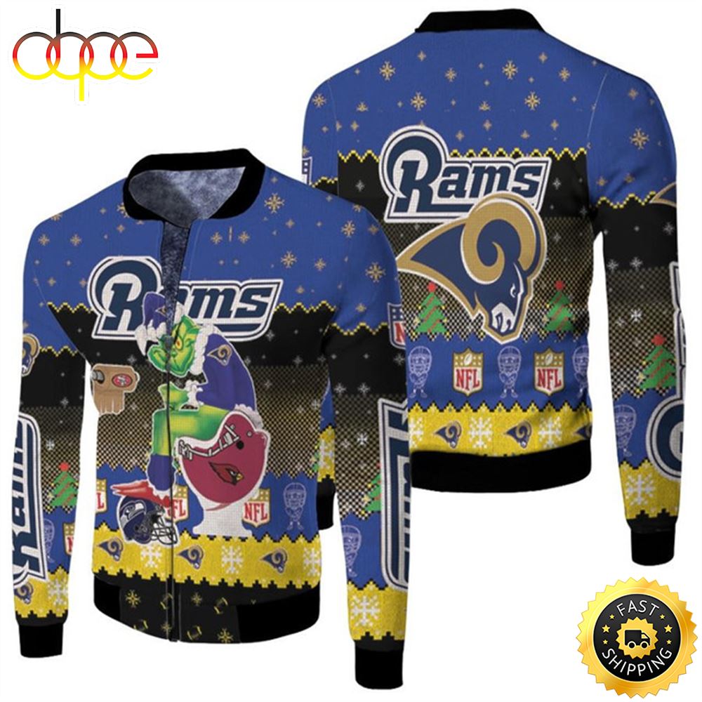 Santa Grinch Los Angeles Rams Sitting on Cardinals 49ers Seahawks Toilet Christmas Gift For Rams Fans Fleece Bomber Jacket