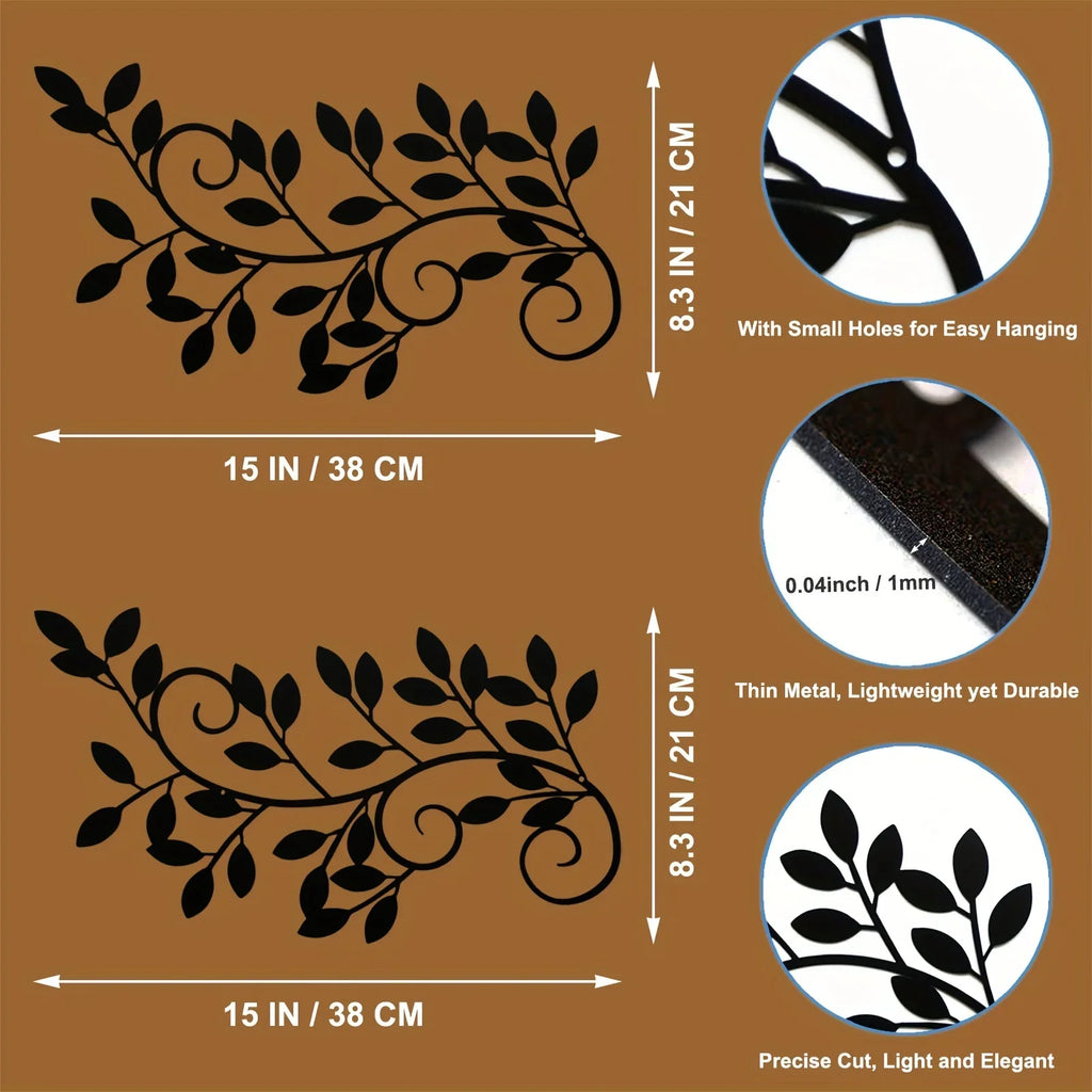 2 Pieces Wall Art Ornament Wall Hanging Sign, Metal Tree Leaf Wall Decor Black Vine Olive Branch Leaf Kids Room Kindergarten