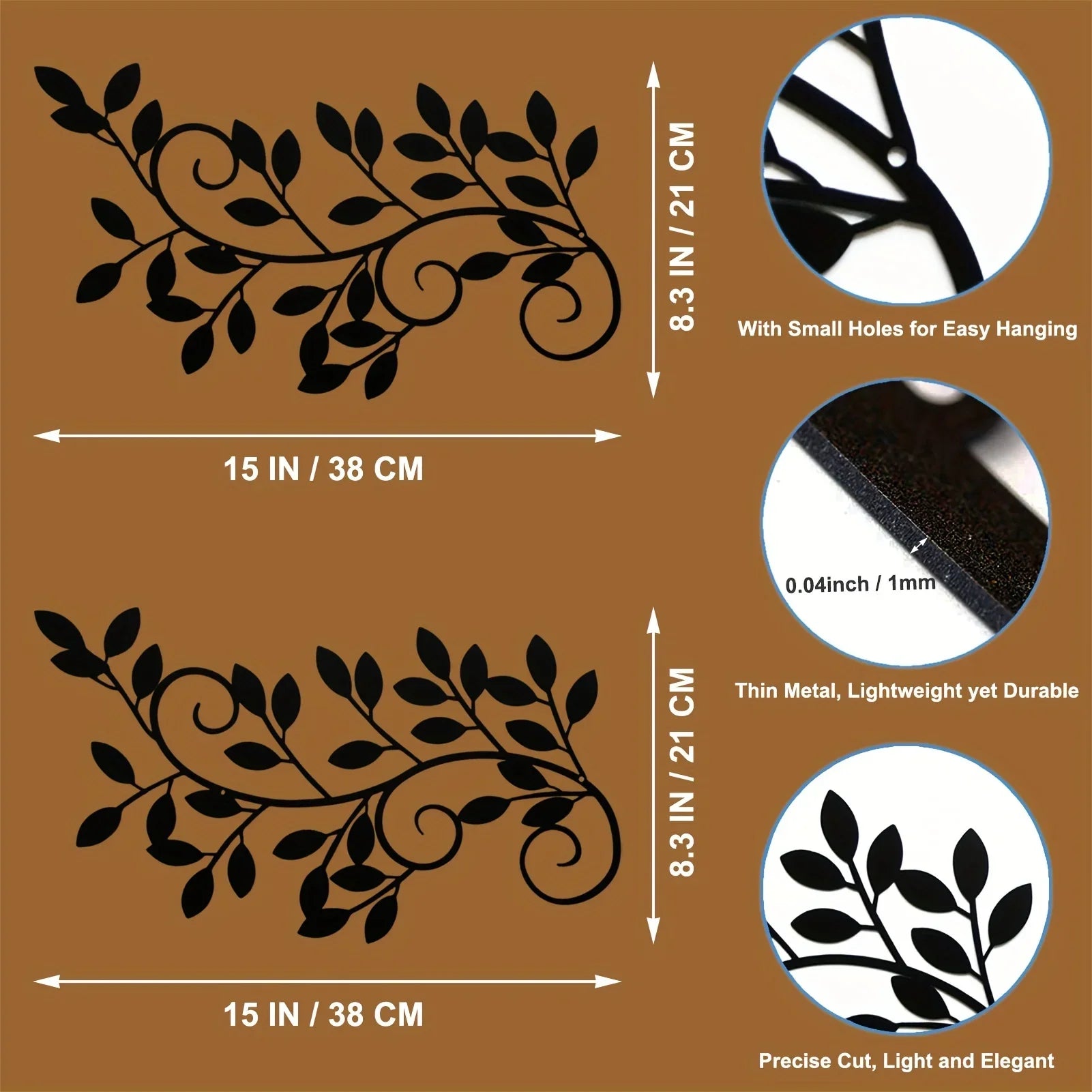 2 Pieces Wall Art Ornament Wall Hanging Sign, Metal Tree Leaf Wall Decor Black Vine Olive Branch Leaf Kids Room Kindergarten