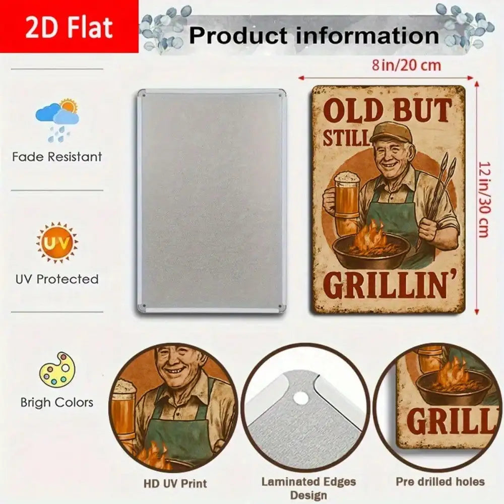 1PC Tin Sign BBQ Senior Theme - Retirement Gifts/Living Outdoor Areas, Vintage Retro Style, 8x12 Inches/20x30cm