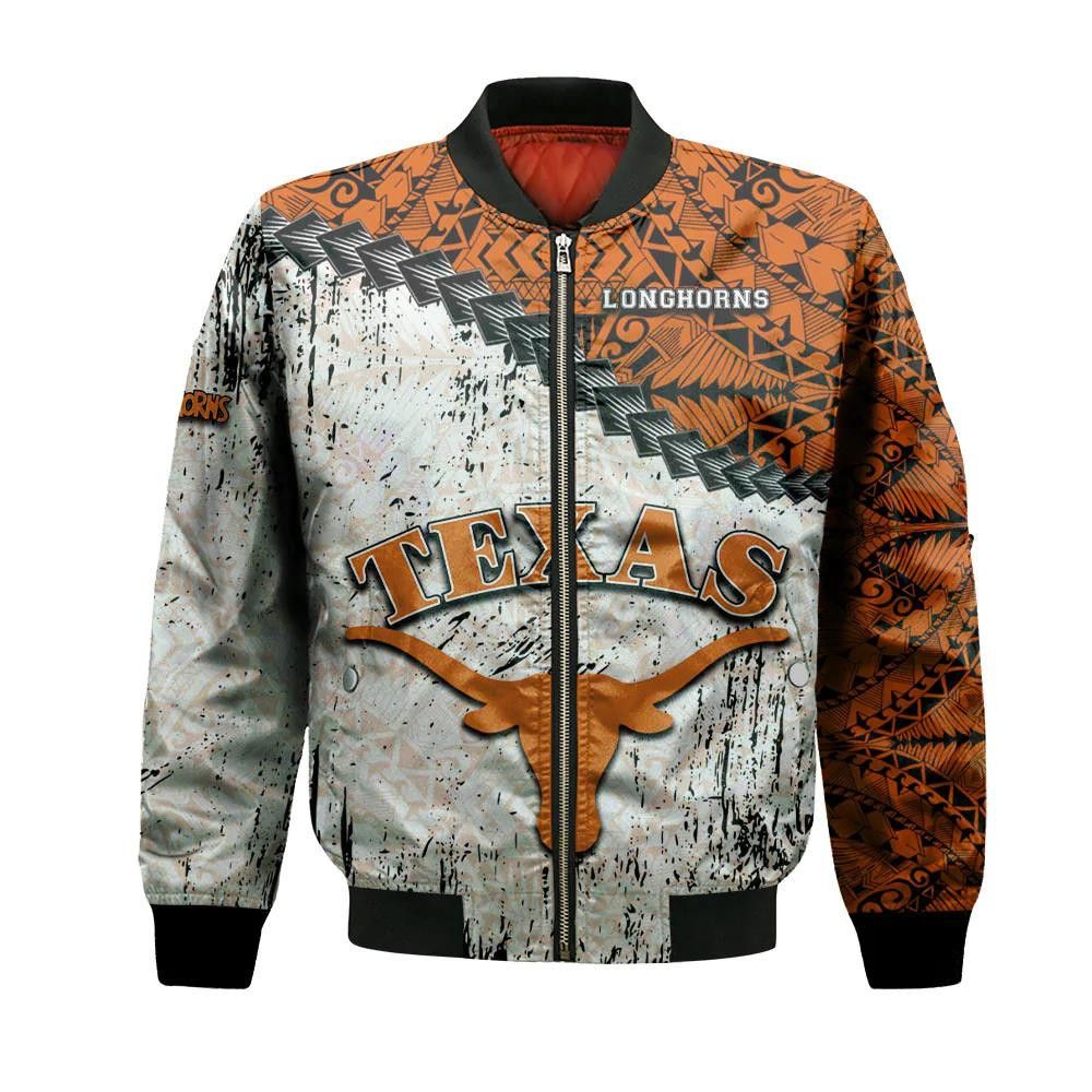 Texas Longhorns Bomber Jacket 3D Printed Grunge Polynesian Tattoo