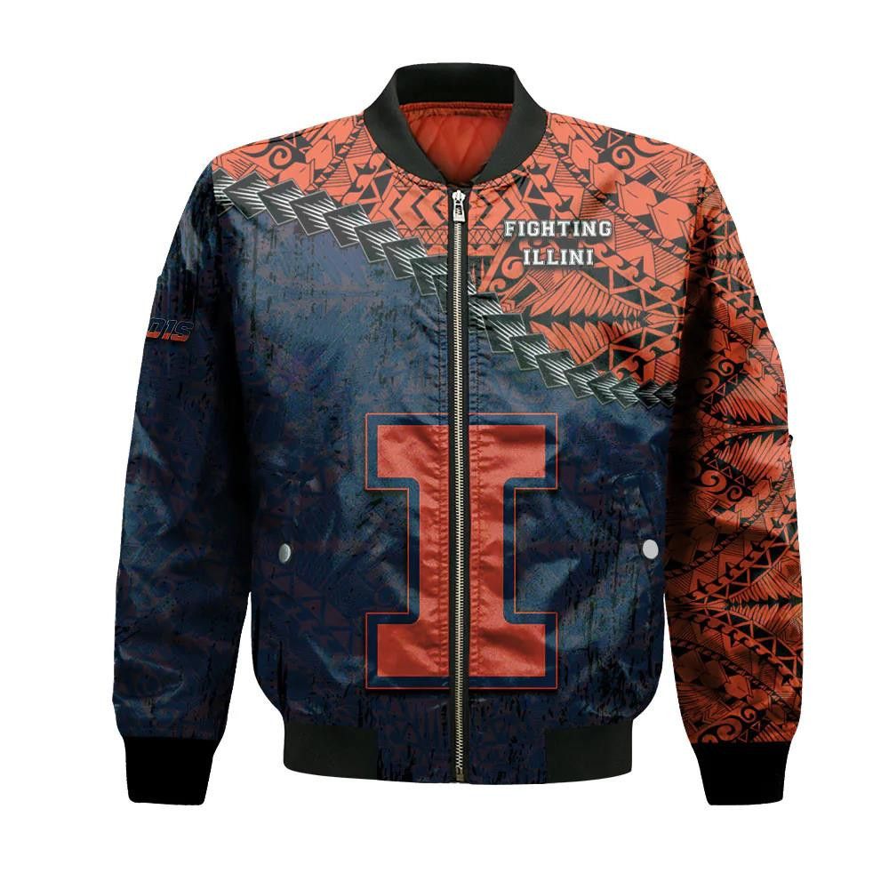 Illinois Fighting Illini Bomber Jacket 3D Printed Grunge Polynesian Tattoo