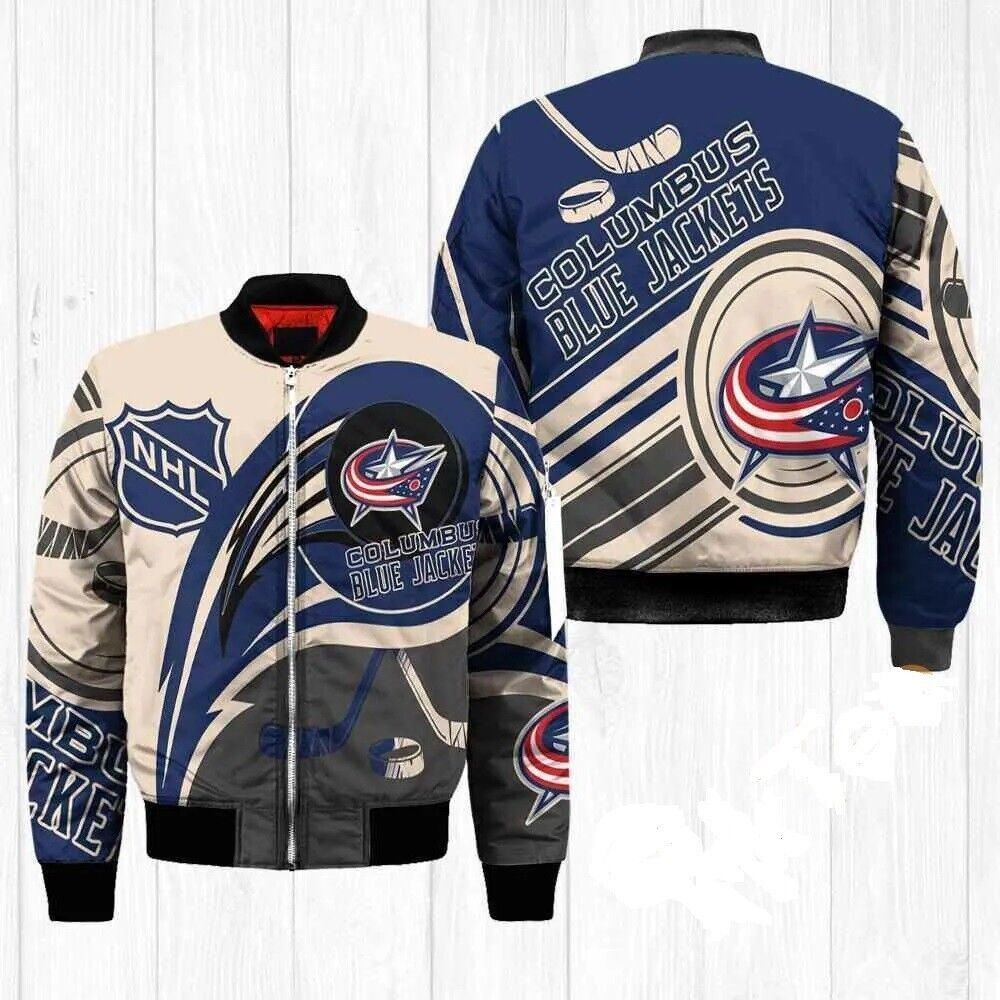 Columbus Blue Jackets Logo &amp; Hockey Stick Pattern Bomber Jacket